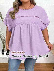 SHEIN CURVE+ 大码休闲度假纯色蝙蝠袖衬衫，夏季/乡村/海滩度假装/海滩装/沙滩服饰 - 淡紫色 - 查看 1