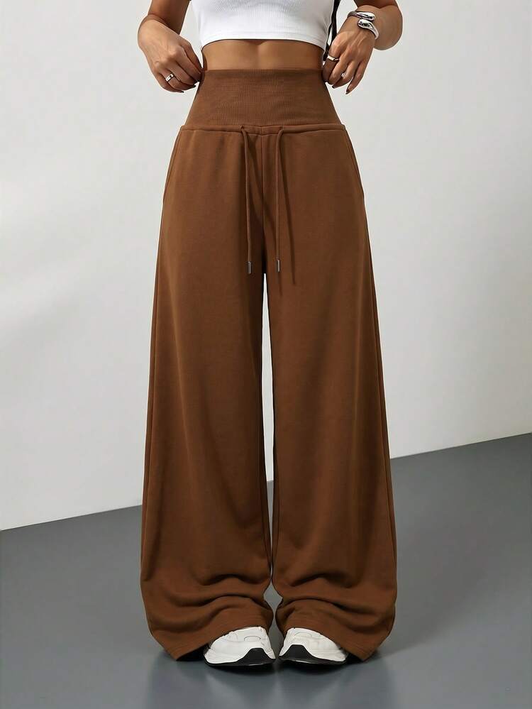 SHEIN Tall Quần nỉ len dệt màu xám lưng dây rút dáng rộng, trang phục tốt nghiệp mùa đông, trang phục tựu trường, trang phục tốt nghiệp, trang phục giáo viên cho nữ, quần áo mùa thu tựu trường cho nữ - Cà phê nâu - Xem 4