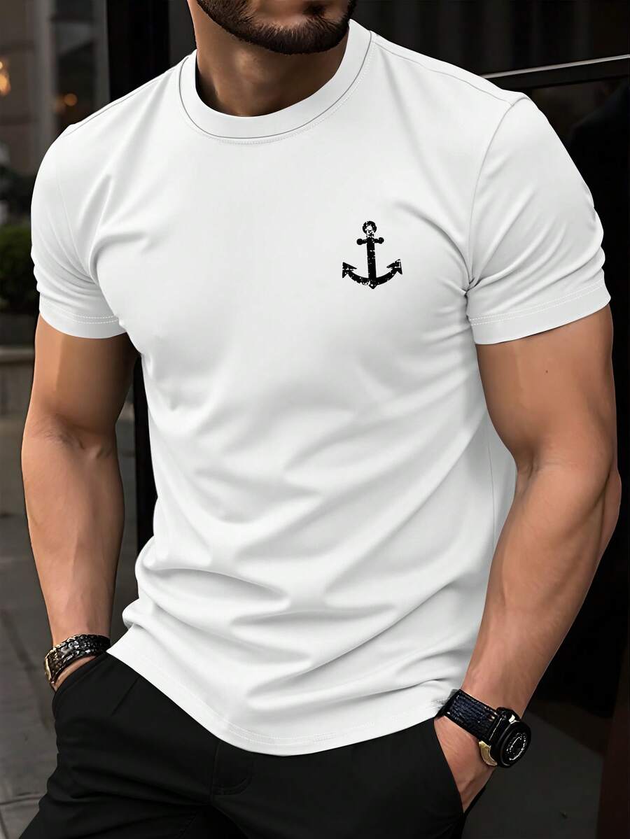 Manfinity Homme 男士休闲锚图案短袖T恤，适合夏季度假和日常通勤 - 白色 - 查看 1