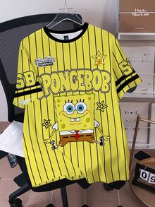 SpongeBob SquarePants | SHEIN 男士休闲条纹卡通图案撞色滚边圆领短袖T恤，夏季 - 白色 - 查看 3
