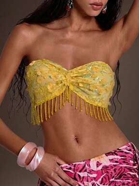 Y2K Spring/Summer Vacation Sexy Sequin Floral Beaded Tassel Front Twist Bandeau Top For Women