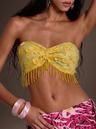 Y2K Top fasciante con fiori, paillettes, perline e nappe, sexy, adatto per vacanze primaverili/estive da donna