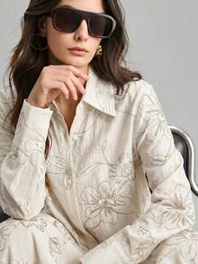 Ontre Beige,Summer,Elegant,Vacation, Al-Adha Women's Long Sleeve Blouse,Textured Fabric Button Closure Loose Fit Side Slit Long Shirt,Minimalist Fashion - Beige - View 5