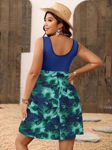 SHEIN VCAY Phong cách thường ngày dành cho nữ khi đi nghỉ mát | Đầm tank không tay phối màu xanh hải quân và xanh ngọc lam với họa tiết hoa màu nước - Đầm ngắn dáng chữ A thắt nơ eo - Trang phục đi biển - Nhiều màu - Xem 2