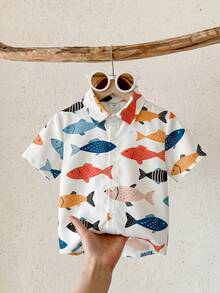Young Boy Casual Minimalist Cartoon Pattern Collared Cardigan Shirt, Suitable For Summer - Multicolor - View 3