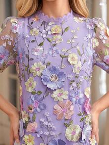 Amorya 女士花卉刺绣网纱拼接优雅短袖迷你连衣裙 - 紫色 - 查看 7