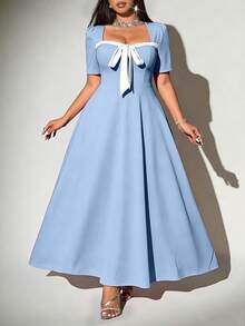 Viva Relle Plus Size Square Neck Twist Color Block Elegant Short Sleeve Dress - Baby Blue - View 1