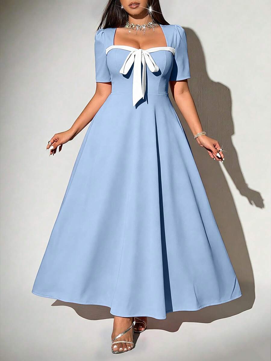 Viva Relle Plus Size Square Neck Twist Color Block Elegant Short Sleeve Dress - Baby Blue - View 1