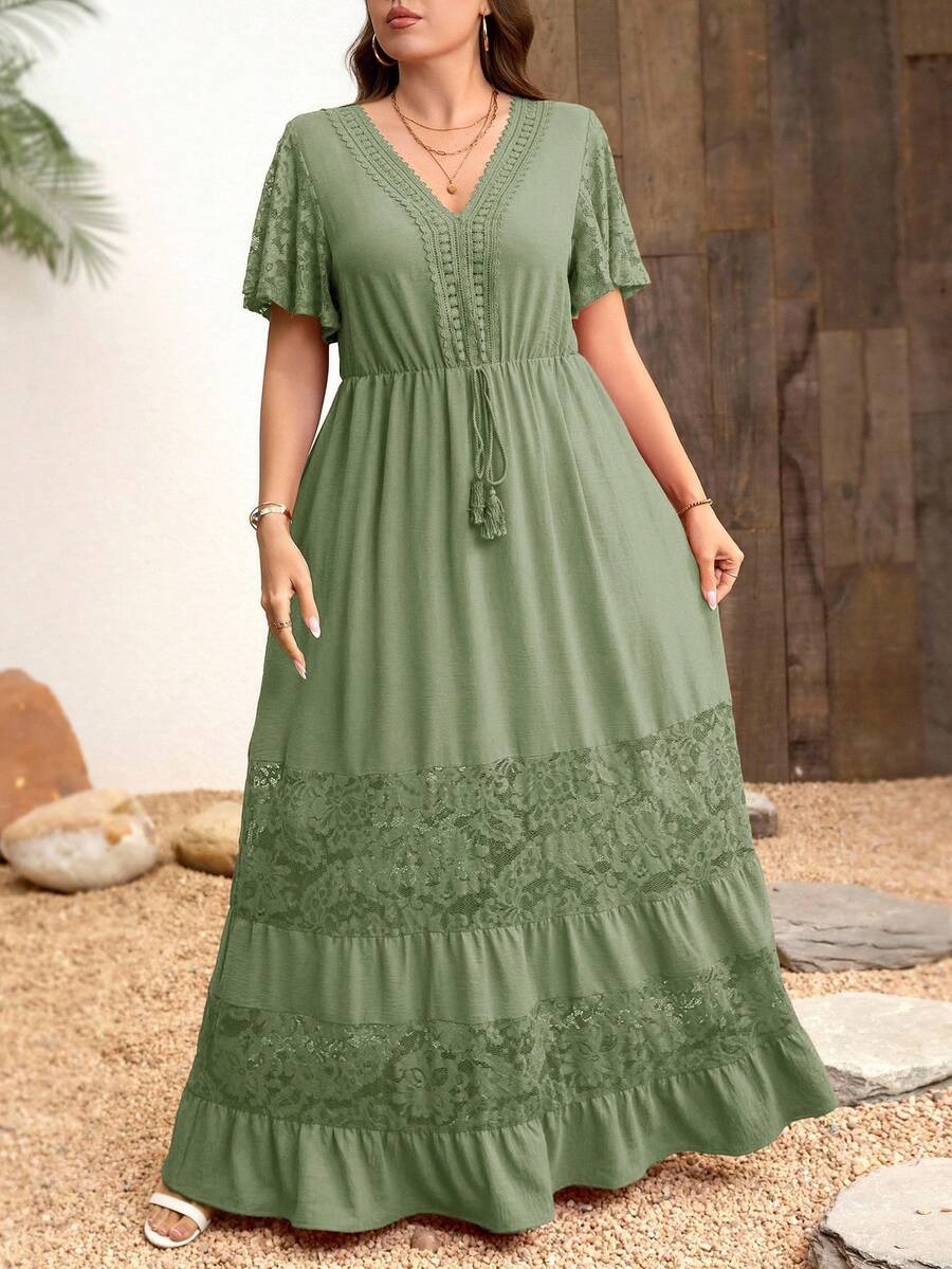 SHEIN Clasi Gaun Gaya Bohemian Leher V dengan Patchwork Renda Elegan Ukuran Plus - Mint Green - View 1