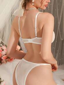 DelicateAllure 2pcs Mesh Patchwork Sheer Deep V Lace Splice Charming Cleavage Teardrop Cup Elegant Romantic Lingerie Set For Women - White - View 2