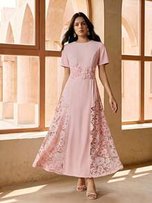 Anewsta Women's Elegant Modern Minimalist Round Neck Water-Soluble Lace Patchwork Waist Ruffle Trim Pink Short Sleeve Dress, Spring/Summer - Pink - View 3