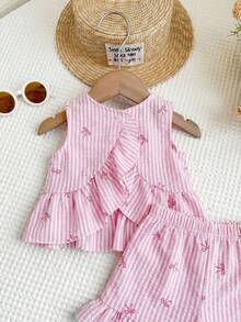 LMoss Kids 2pcs Baby Girl Knitted Solid Color Round Neck Ruffle Trim Vest And Shorts Set - Multicolor - View 4