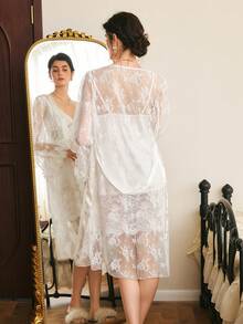 Côtesoire French Elegant Romantic Lace Patchwork V-Neck Camisole Satin Nightgown And Exaggerated Flared Lace Trim Robe Women Sleepwear Set - White - View 2