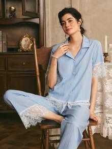 Côtesoire Women's Contrast Color Lace Patchwork Short Sleeve & Long Pants Striped Textured Woven Pajama Set - Blue - View 4