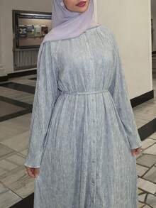 Solavon Stylish Women Pleated Texture Long Maxi Dress With Belt Casual Button Front A Line Dress For Everyday Wear - Baby Blue - View 6