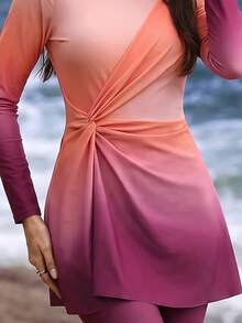 Swim Shayni 女款漸層花卉印花扭轉拉鍊長袖布基尼泳衣套裝，適合海灘度假 - 彩色 - 查看 6