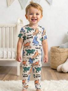 SHEIN (Random 4 Set Send 1 Set)Snug Fit Cute Cartoon Dinosaur Pattern Two-Piece Bodycon Pajama Set For Boys, With Tapered Cuffs On The Pants. - Multicolor - View 4