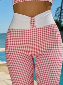 Fluxe Women's Casual Sports Plaid Print Leggings Light Coral Red Checkered Pattern Perfect Airport Outfit Suitable For Tennis Yoga Studio Pilates Daily Wear - Red - View 4