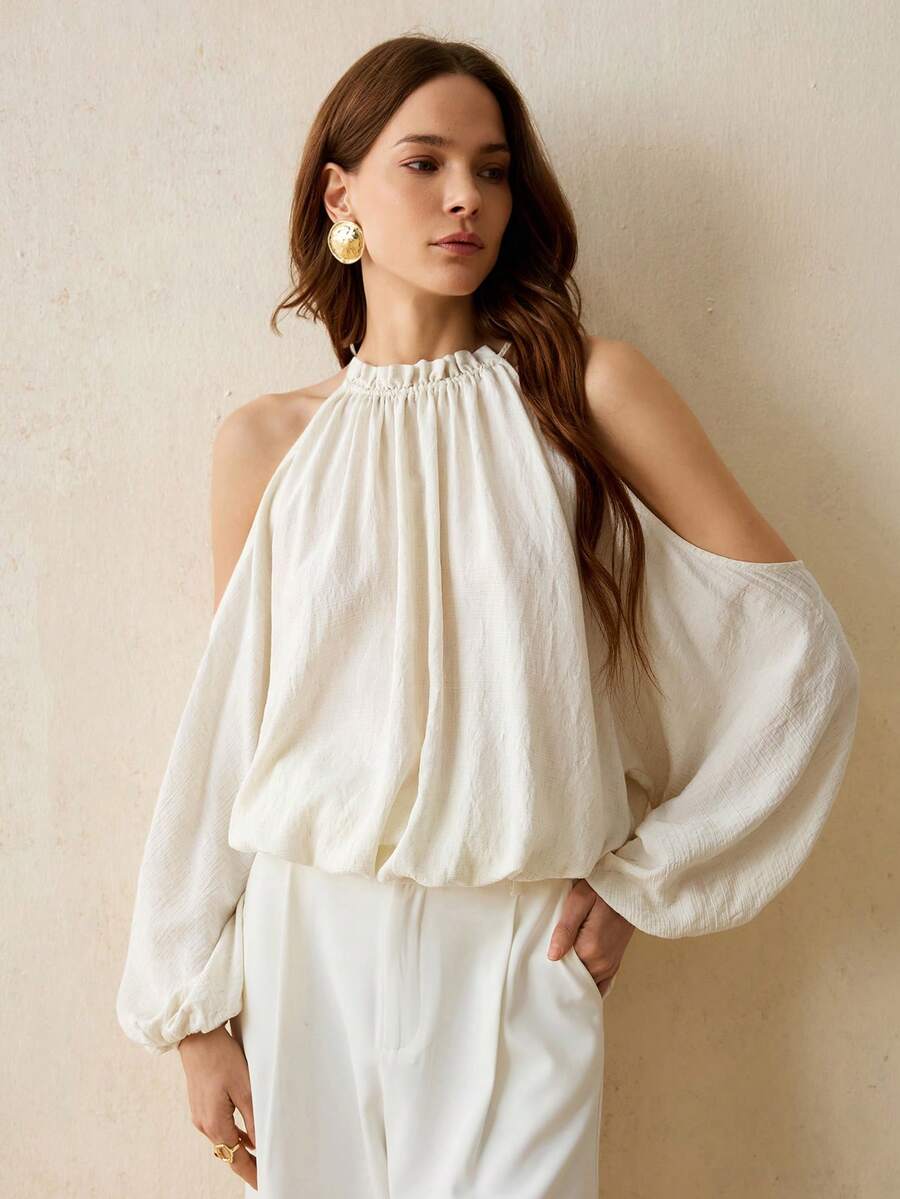 CielaLinda Áo kiểu nữ bằng vải lanh, cổ yếm, hở vai, tay dài, kiểu dáng thường ngày. - trắng - Xem 1