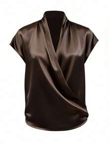 SHEIN Raffinéa Women's Coffee Brown Elegent Satin Blouse,Summer V-Neck Wrap Tops,Crossover Neck Shoulder Ruched Office Shirt,Shiny Silk Work Blouses - Mocha Brown - View 5