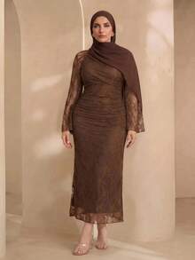 Graceveil Elegant Solid Color Lace Asymmetric Collar Long Sleeve Ruched Fitted Regular Spring/Summer Plus Size Dress - View 1