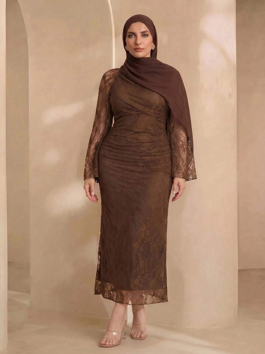 Graceveil Elegant Solid Color Lace Asymmetric Collar Long Sleeve Ruched Fitted Regular Spring/Summer Plus Size Dress - View 1