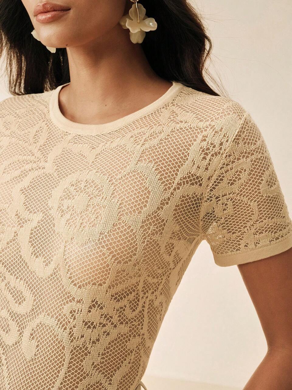 Anewsta French Hollow-Out Lace Knit Blouse, Suitable For Dates Brunch Tea Party Date Night, Vacations, Beach Outfits, Cream Sequin Summer Romantic Elegant