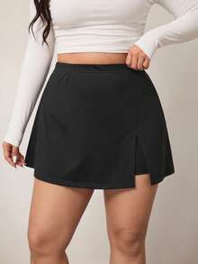 Enliva Falda corta casual de línea A de unicolor negro para mujer de talla grande, amigable con las curvas del Body redondeado, apta para el invierno, compatible con la forma del Body redondeado tipo manzana - Negro - Ver 5
