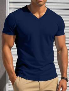 Manfinity Homme 男士3件組休閒純色V領短袖T恤，適合夏季與度假多穿搭 - 彩色 - 查看 5