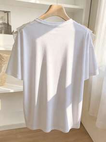 Resyla Lace Trim Decor Fashionable Minimalist Plus Size Women Long Dropped Shoulder Round Neck T-Shirt, Gift For Friend - White - View 2