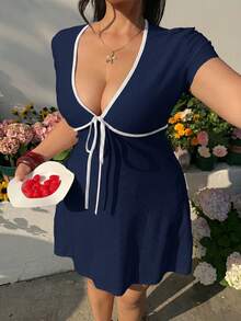 GalTyme Plus Size Women's Sexy V-Neck Tie-Front Ruffle Sleeve Fitted Summer Vacation Dress - Navy Blue - View 3