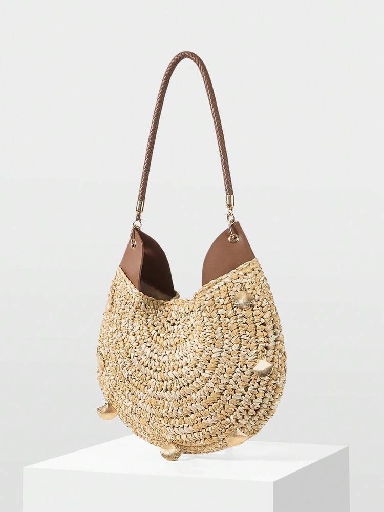 LADIES SHOULDER BAG, EXQUISITE HARDWARE DECORATION, FASHIONABLE HOLIDAY WOVEN SEMI-CIRCULAR BAG
