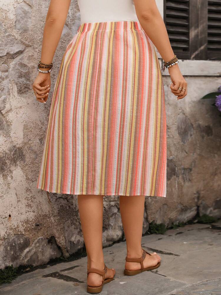 Plus Size Women's Color Woven Striped Pocket Casual Midi Skirt