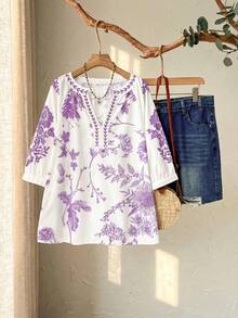 Rusticease Lässige Sommerbluse für Damen in großen Größen mit lila Blumenmuster und kurzen Ärmeln im Landhausstil. Ideal für Urlaub, Freizeit und Freizeit. Auch als Tunika oder Oberteil mit Blumenmuster erhältlich. - Violett - Übersicht 9