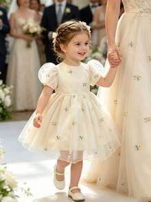 Glamorique Kids 女婴浅香槟色短袖连衣裙，柔软薄纱裙摆饰有精美花卉刺绣，适合毕业典礼、舞会、生日派对、婚礼、夏季穿着，甜美可爱，可作公主裙、舞台表演、日常穿着或拍照打卡。 - 杏色 - 查看 7