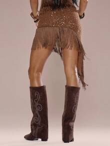 MUSERA Textured Fringe Detail Asymmetric Sequin Skirt Only Summer Holiday Vacation Beach Ibiza Cute Festival Elegant Cherry Moon - Brown - View 4