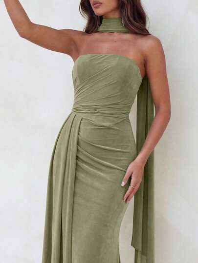 Aloruh Vestido elegante de tela de gasa verde sin tirantes con forma de espina de pescado, cintura baja, plisado en el lateral, drapeado adecuado para citas, vacaciones, bodas, compras, actividades diarias, vestido de dama de honor (desmontable, multiusos)