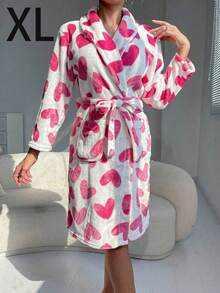 SHEIN 1 件女士浴袍，欧盟和美国简约风格长袖睡衣，粉色心形印花，秋季/春季，圣诞节，温暖法兰绒珊瑚绒，适合学生，韩式夏季，度假家居浴室装饰返校 - 白色 - 查看 7