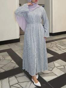 Solavon Stylish Women Pleated Texture Long Maxi Dress With Belt Casual Button Front A Line Dress For Everyday Wear - Baby Blue - View 5