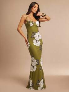 Silquee Women's Vintage Romantic Olive Green Floral Tulle Dress Summer Elegant Mother Of The Bride Dinner Date Formal Graduation College Wedding Prom - Green - View 5