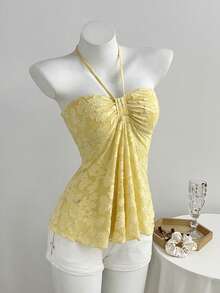 Elamini Women's Textured Sleeveless Halter Neck Casual Elegant Top, Versatile New Style, Summer Vacation Yellow - Apricot - View 3
