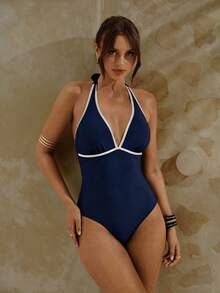 Swim Chiccia بدلة سباحة نسائية قطعة واحدة باللون الأزرق الداكن والأبيض مع طبعات زهرية وتصميم مفرغ، صيفية - أزرق بحري - مشاهدة 5