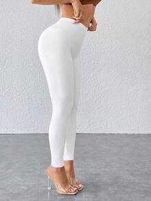 SHEIN PETITE CURVE Quần legging co giãn màu trơn cỡ lớn, thích hợp mặc hàng ngày, mùa đông, mùa xuân, ngày Valentine, làm từ chất liệu PU, thích hợp cho trang phục lễ hội, tiệc tùng, đi làm, văn phòng, lễ tốt nghiệp và các dịp khác. - trắng - Xem 4