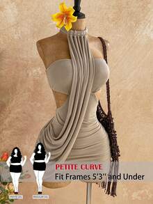 SHEIN PETITE CURVE 大码女式春夏不对称裹身系带修身迷你连衣裙，适合约会、花园派对、下午茶、插花、波西米亚风、度假、复古风、假日等各种场合。 - 卡其色 - 查看 7
