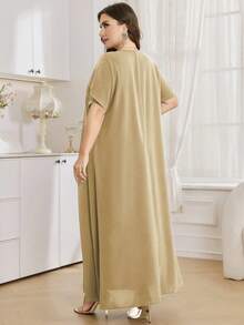 Al Najma Vestido largo de manga corta de unicolor, talla grande, estilo turco y árabe para mujeres - Caqui - Ver 2