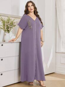 Al Najma Vestido largo de manga corta de unicolor, talla grande, estilo turco y árabe para mujeres - Morado - Ver 7