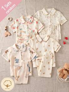 Bộ đồ ngủ cotton 4 món cho bé gái, thiết kế cổ áo cổ điển, viền tương phản và các họa tiết ngộ nghĩnh như hoa, gấu, nơ, dâu tây, thỏ, hộp quà bất ngờ với nhiều họa tiết khác nhau. - Nhiều màu - Xem 7