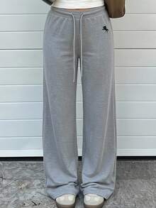 SHEIN EZwear 女士刺绣抽绳腰带休闲宽松运动裤 - 淺灰色 - 查看 1