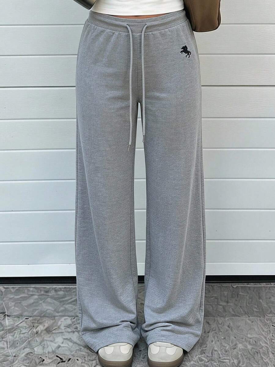 SHEIN EZwear 女士刺绣抽绳腰带休闲宽松运动裤 - 淺灰色 - 查看 1