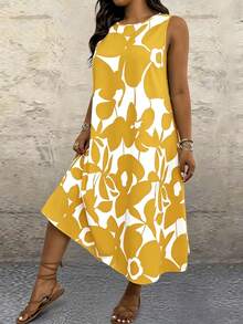 SHEIN LUNE CURVE Plus Size Round Neck Sleeveless All-Over Print Loose Casual Summer Dress - Yellow - View 4